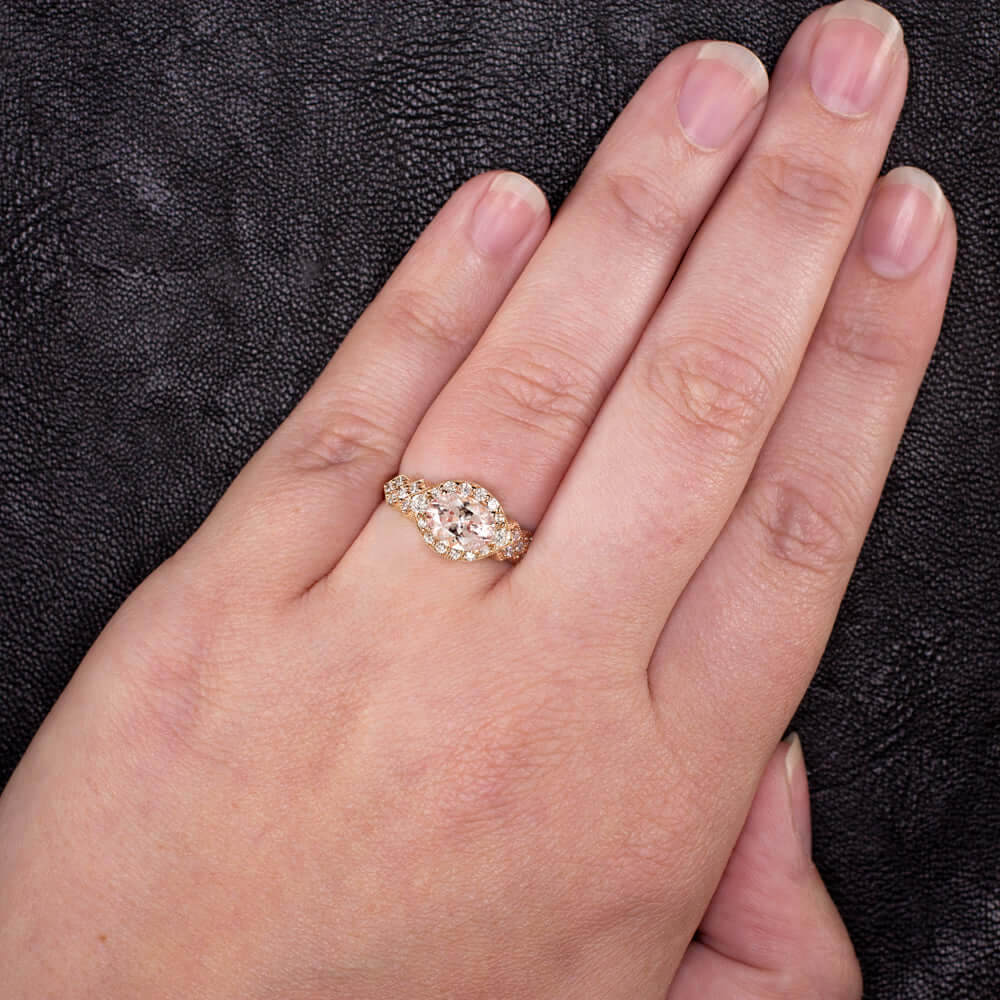 1ct MORGANITE .37ct DIAMOND EAST WEST RING ROSE GOLD ENGAGEMENT OVAL HALO MODERN