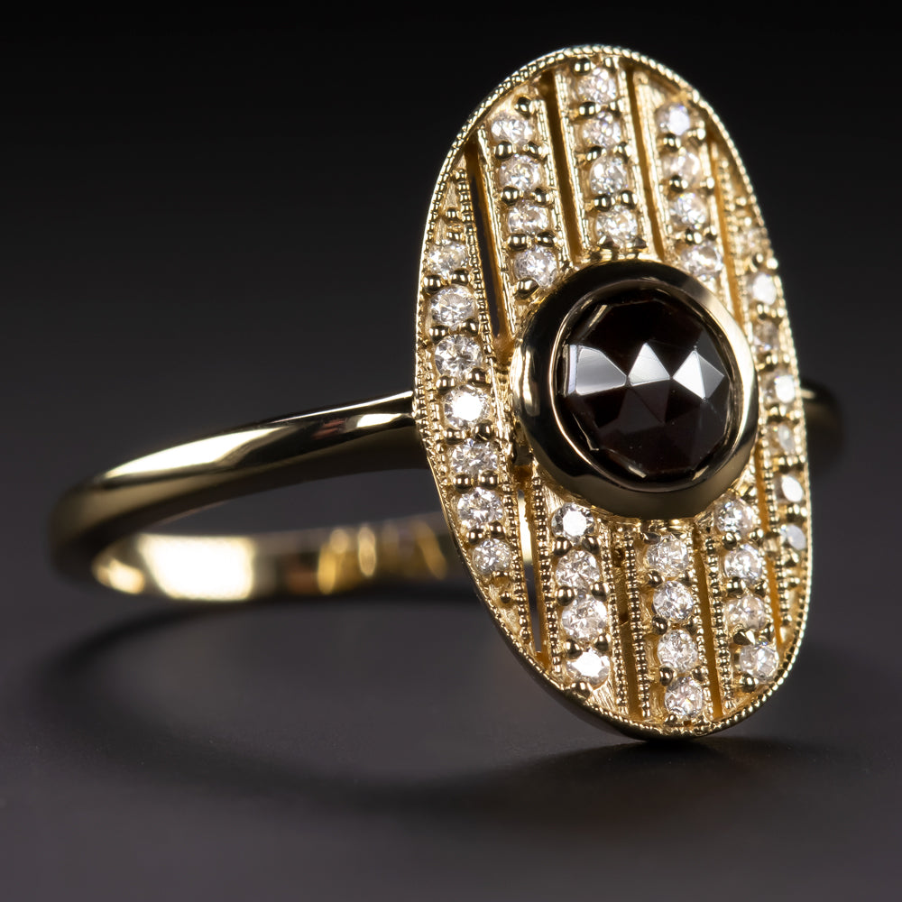NATURAL DIAMOND BLACK SPINEL COCKTAIL RING YELLOW GOLD OVAL SHAPE VINTAGE STYLE