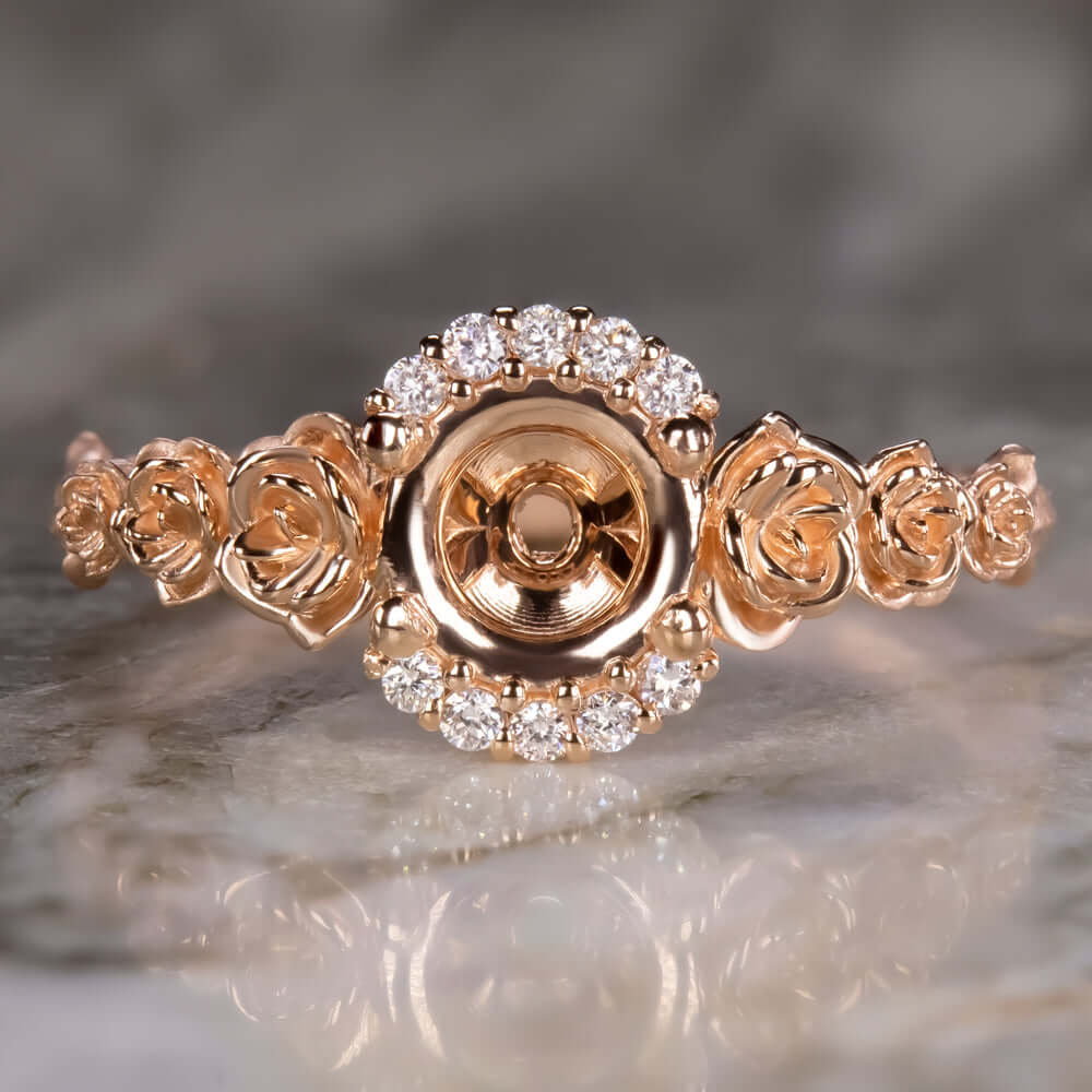 Vintage Cushion Morganite Engagement Cathedral Ring Diamond Floral Halo 18K Rose  gold