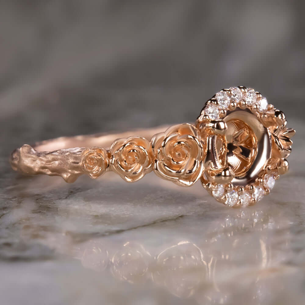 Semi Mount Nature Inspired Single Diamond Leaf Engagement Ring In 14K Rose  Gold