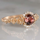 FLORAL NATURAL DIAMOND RED TOURMALINE RING 14K ROSE GOLD FLOWER RUSTIC BOTANICAL