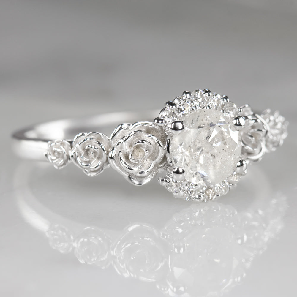 NATURAL DIAMOND 3/4ct ENGAGEMENT RING FLORAL RUSTIC WHITE GOLD SALT AND PEPPER Ivy & Rose