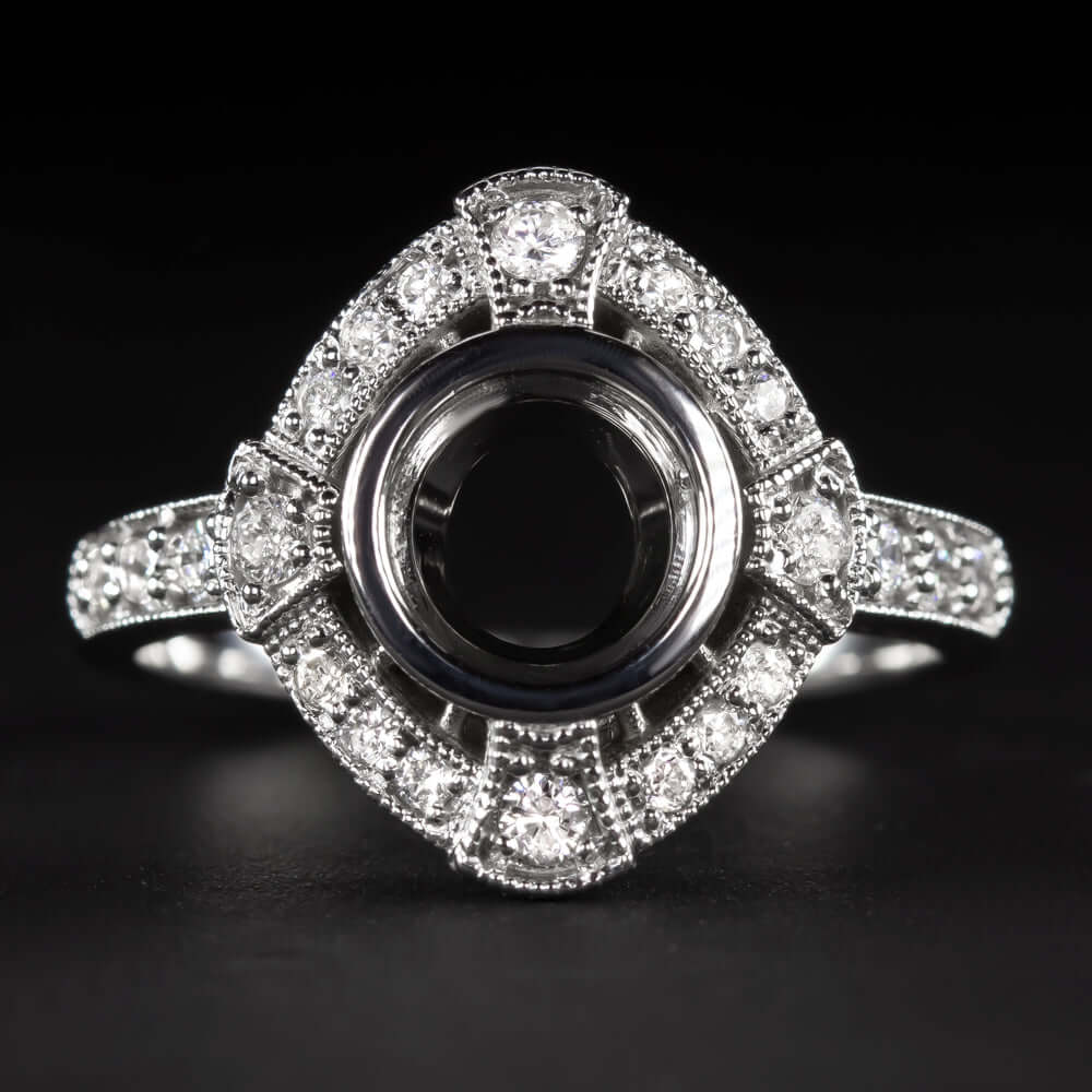 DIAMOND WHITE GOLD RING SETTING 7m ROUND CUT VINTAGE STYLE ENGAGEMENT MOUNT  DECO