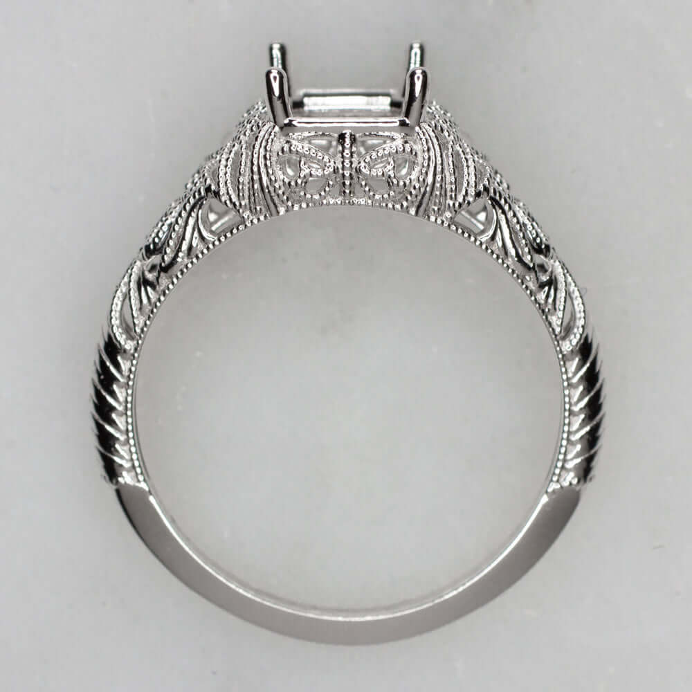 14K White Gold Filigree Engagement Ring Setting 8x6 Emerald Cut Vintage Style 9.25