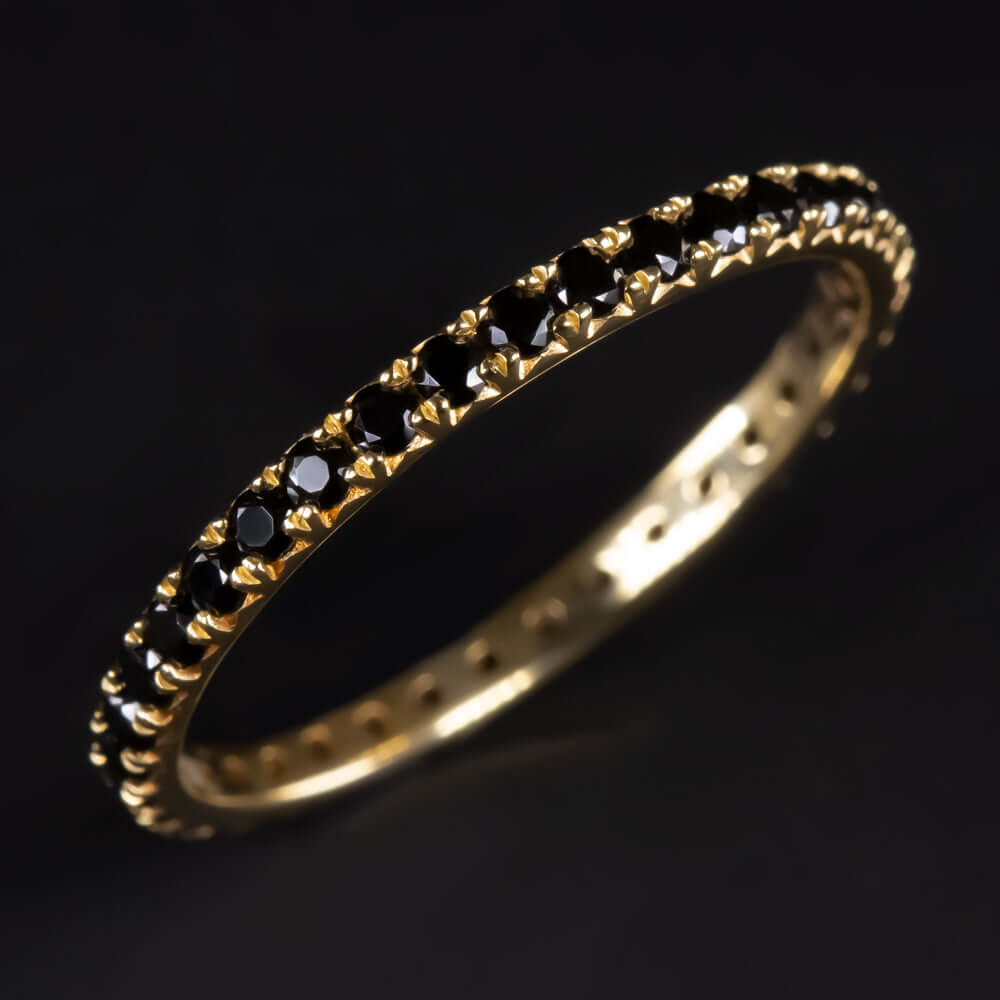 14K YELLOW GOLD NATURAL BLACK SPINEL ETERNITY RING STACKING WEDDING BAND THIN