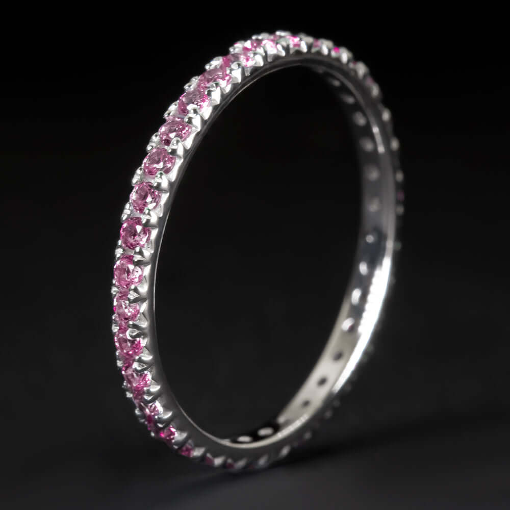 14K WHITE GOLD NATURAL PINK SAPPHIRE ETERNITY RING STACKING WEDDING BAND PAVE WG