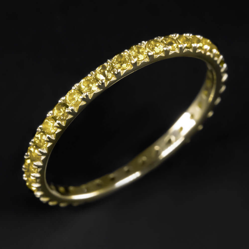 14K GOLD NATURAL YELLOW SAPPHIRE STACKABLE RING ETERNITY WEDDING BAND THIN PAVE