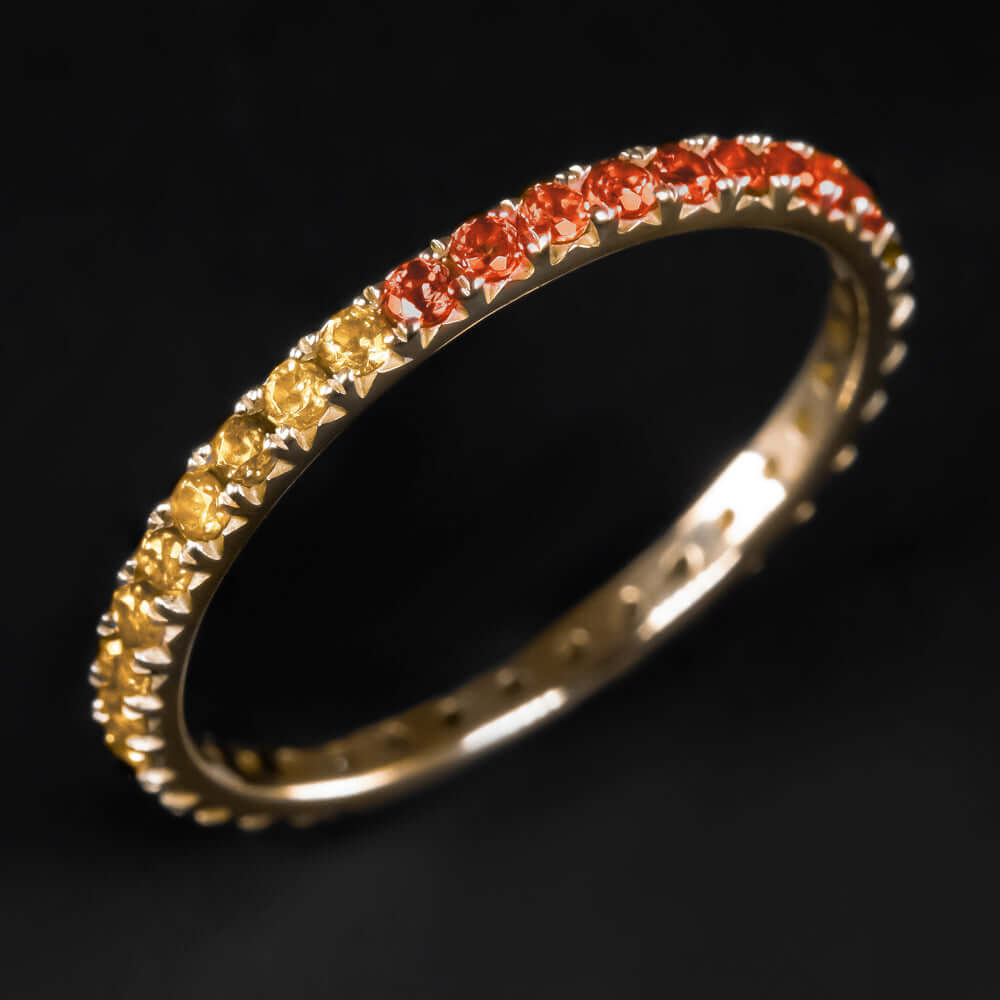 14K GOLD NATURAL RED ORANGE YELLOW SAPPHIRE STACKING RING OMBRE ETERNITY BAND