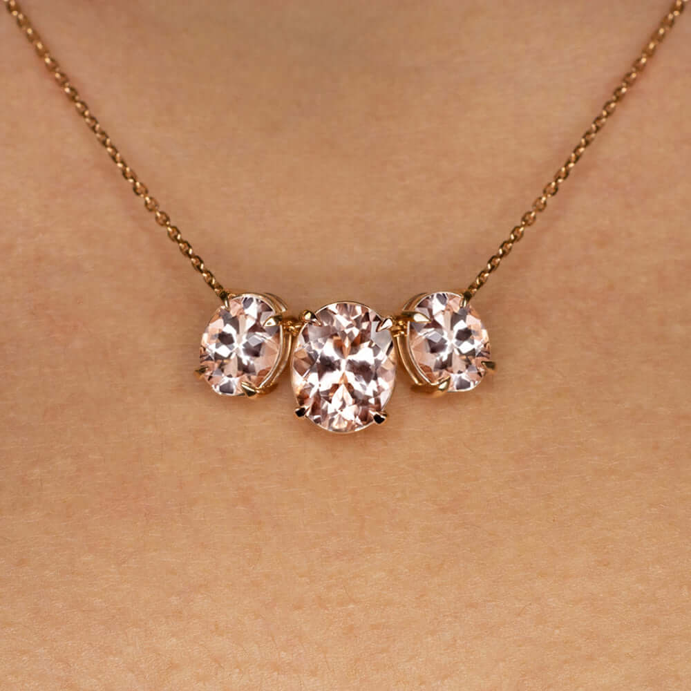 4.5 Carat Pink Morganite 14K Rose Gold Necklace Oval Shape Cut 3 Stone Pendant