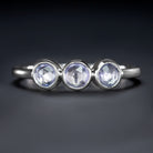 NATURAL LIGHT BLUE SAPPHIRE 3 STONE RING ROSE CUT BEZEL WHITE GOLD VINTAGE STYLE