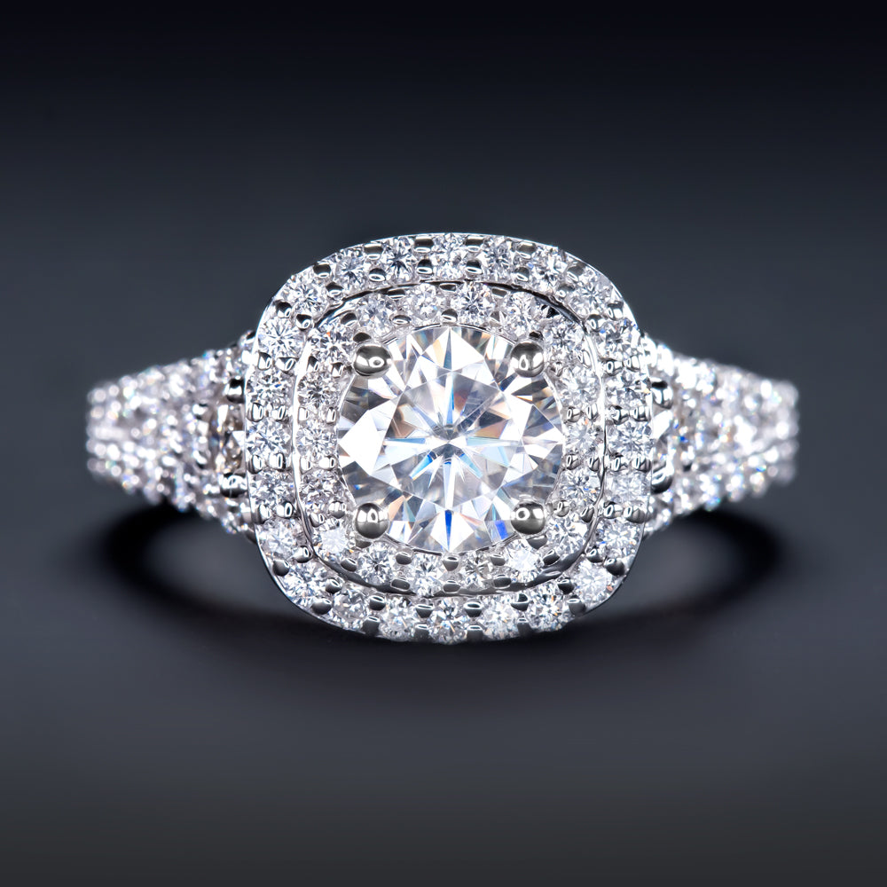 NATURAL 1.26ct DIAMOND DOUBLE HALO ROUND 1ct MOISSANITE ENGAGEMENT RING COCKTAIL