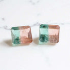 19 CARAT BI COLOR PINK TEAL TOURMALINE PAIR STUD EARRINGS EMERALD CUT WATERMELON