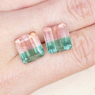 19 CARAT BI COLOR PINK TEAL TOURMALINE PAIR STUD EARRINGS EMERALD CUT WATERMELON