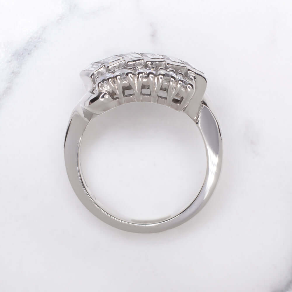 F-G VVS-SI1 0.9ct DIAMOND PALLADIUM RING VINTAGE COCKTAIL NATURAL BAGUETTE ROUND