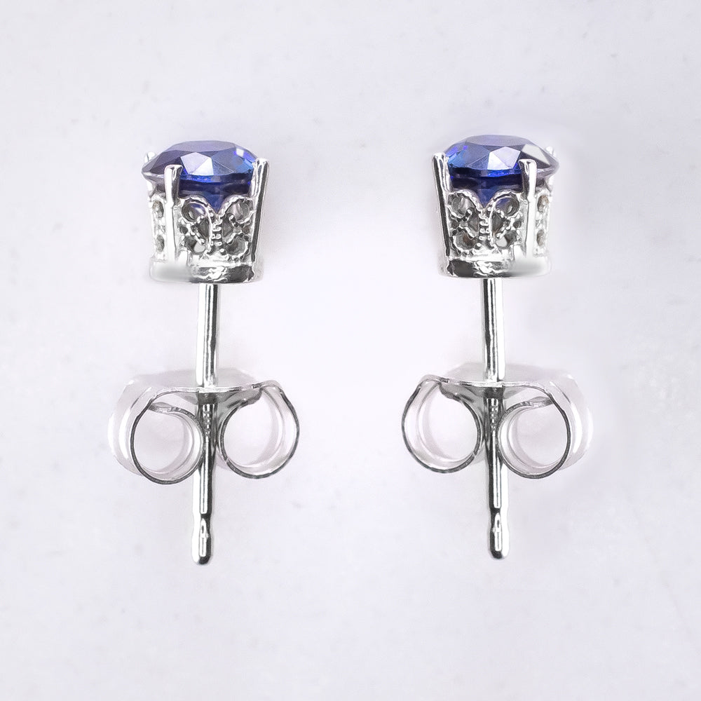 NATURAL SAPPHIRE VINTAGE STYLE STUD EARRINGS 14K WHITE GOLD FILIGREE BLUE ROUND Ivy & Rose
