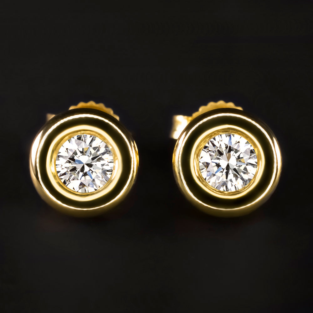 IDEAL CUT DIAMOND SCOTT KAY STUD EARRINGS 18k YELLOW GOLD 1/2 CARAT ROUND BEZEL