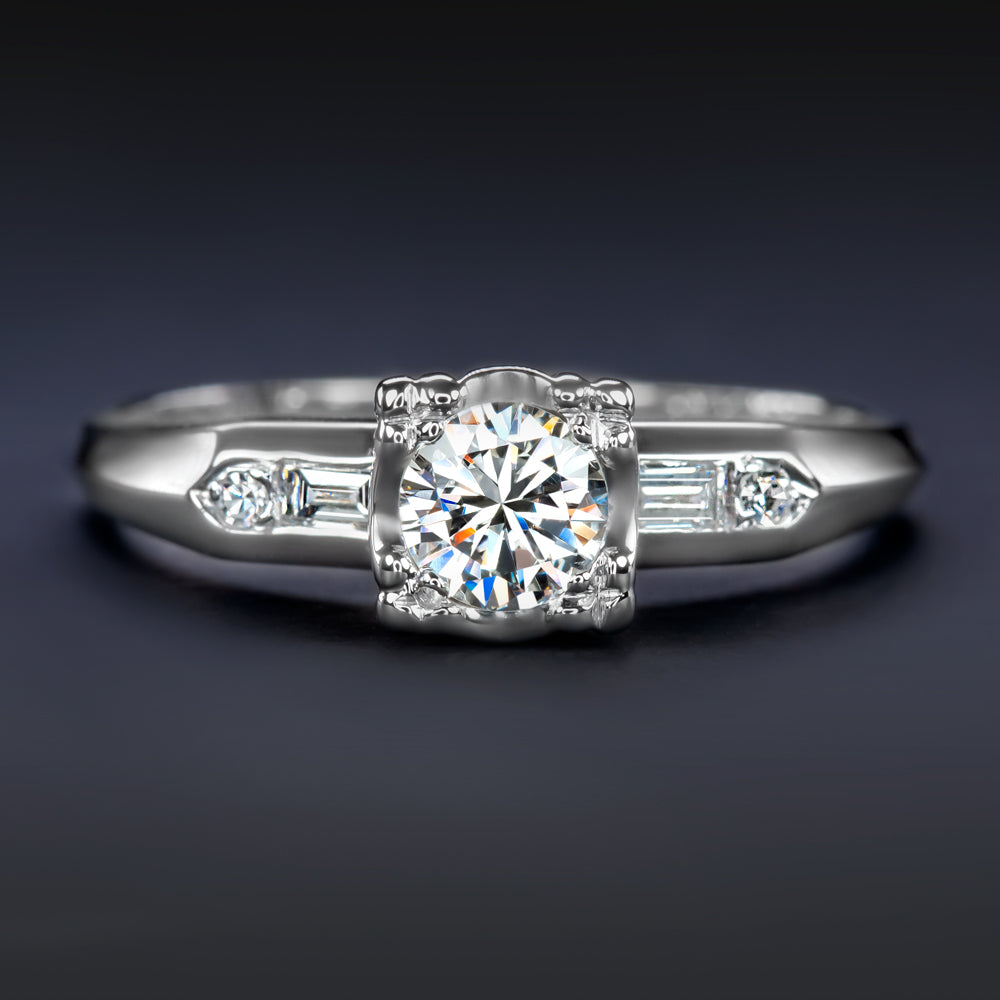 H VS1 VINTAGE DIAMOND 18K ENGAGEMENT RING ROUND CUT ESTATE CLASSIC WHITE GOLD ER