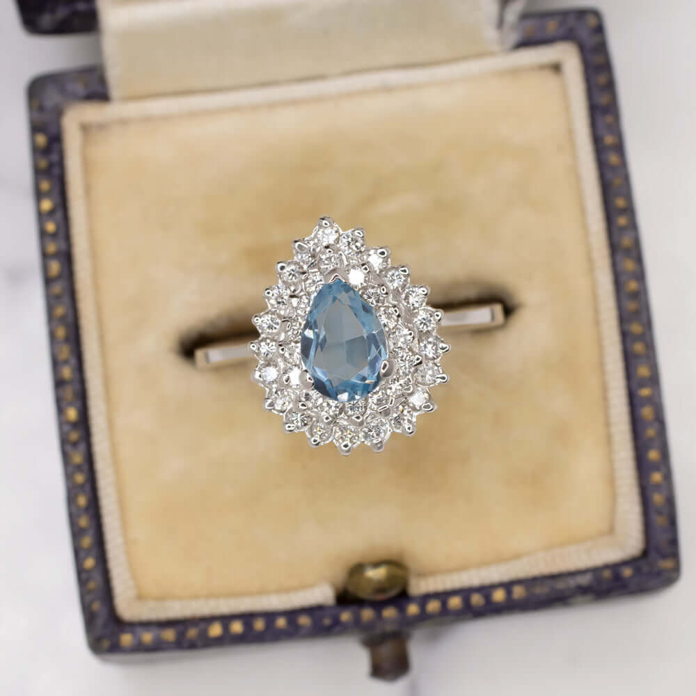 BLUE TOPAZ F-G VS DIAMOND VINTAGE COCKTAIL RING PEAR SHAPE TEARDROP DOUBLE HALO