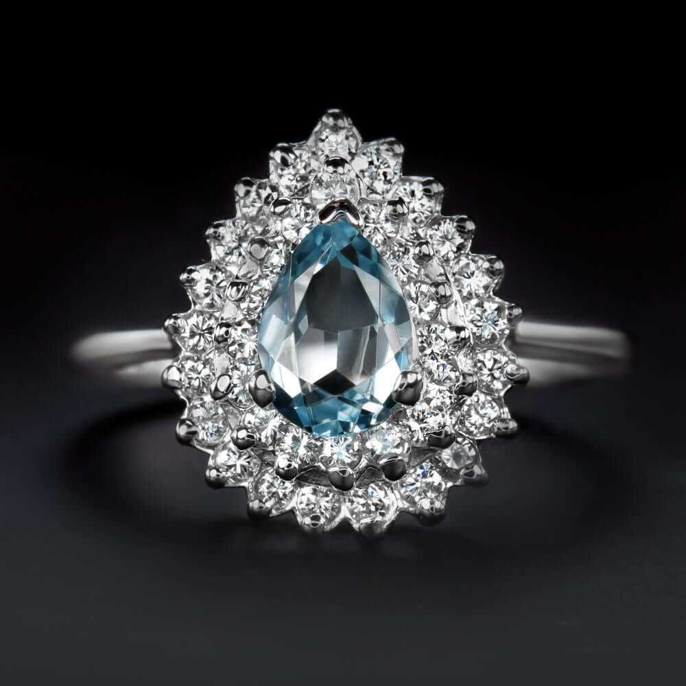 BLUE TOPAZ F-G VS DIAMOND VINTAGE COCKTAIL RING PEAR SHAPE TEARDROP DOUBLE HALO