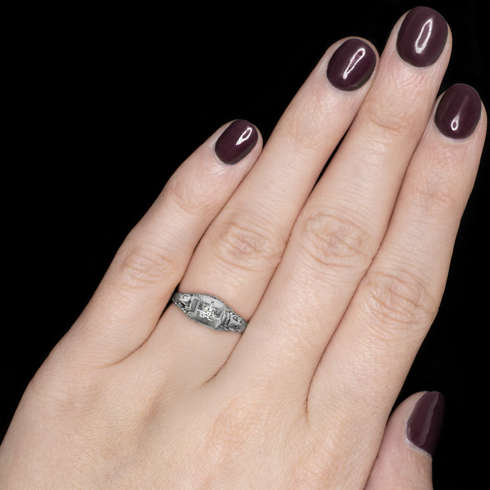 TRUE ART DECO DIAMOND RING F VS1 OLD EUROPEAN CUT 18K PROMISE ENGAGEMENT VINTAGE