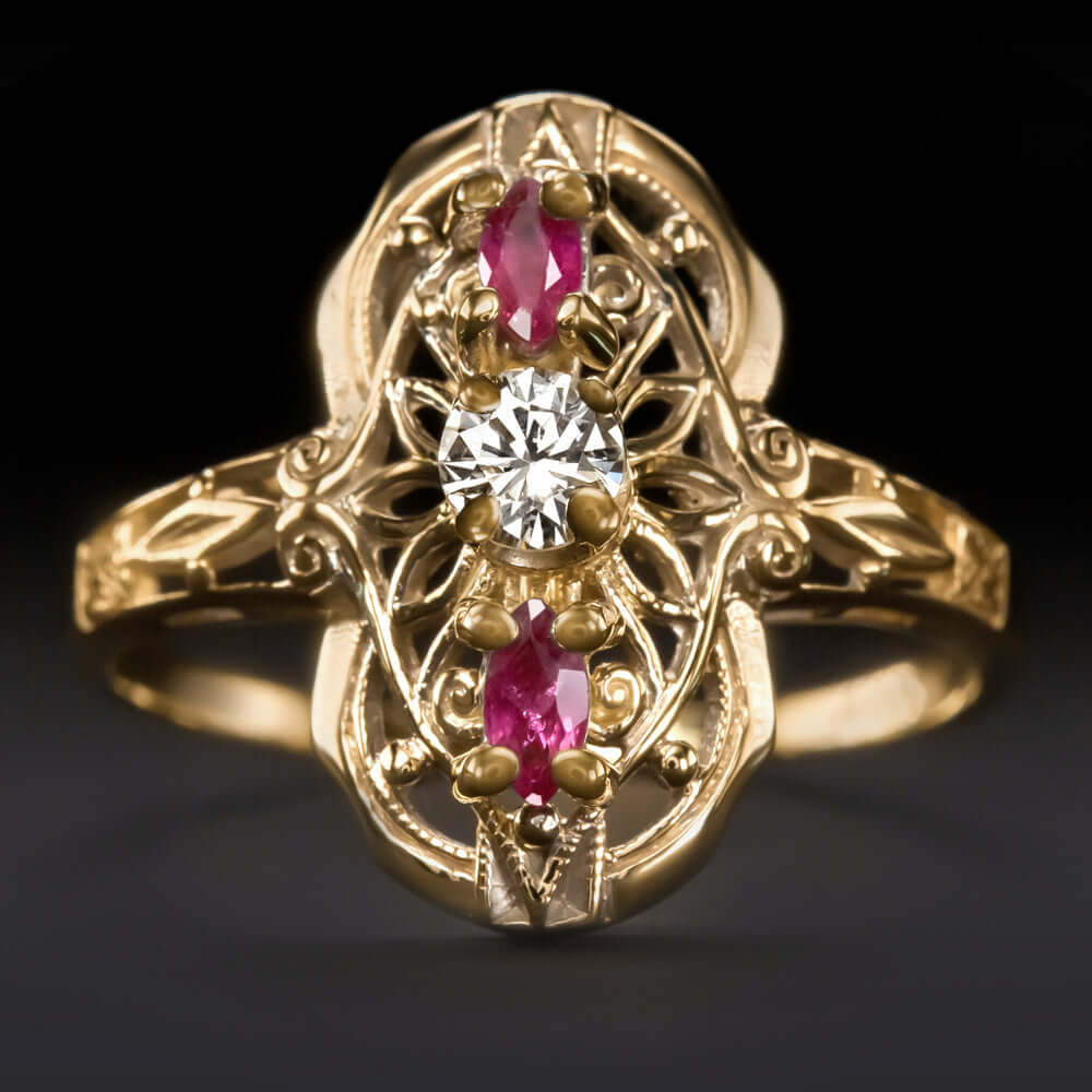 DIAMOND RUBY ART DECO COCKTAIL RING FILIGREE VINTAGE 14k YELLOW GOLD NATURAL