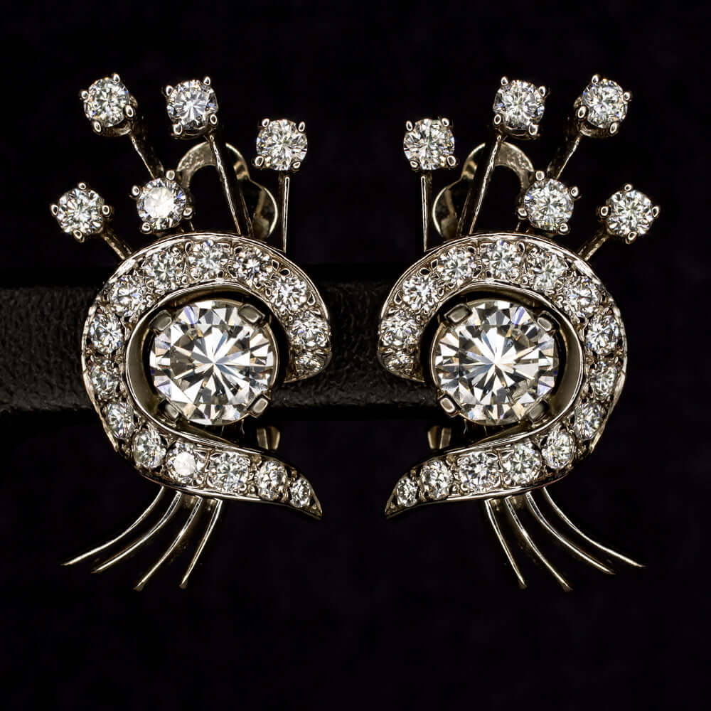 2.75ct CERTIFIED H VS DIAMOND COCKTAIL EARRINGS VINTAGE ESTATE FLORAL WHITE GOLD