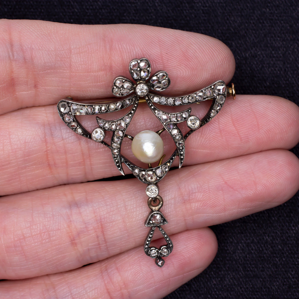 VICTORIAN SALTWATER PEARL DIAMOND PIN PENDANT ANTIQUE NECKLACE OLD CUT 1800s