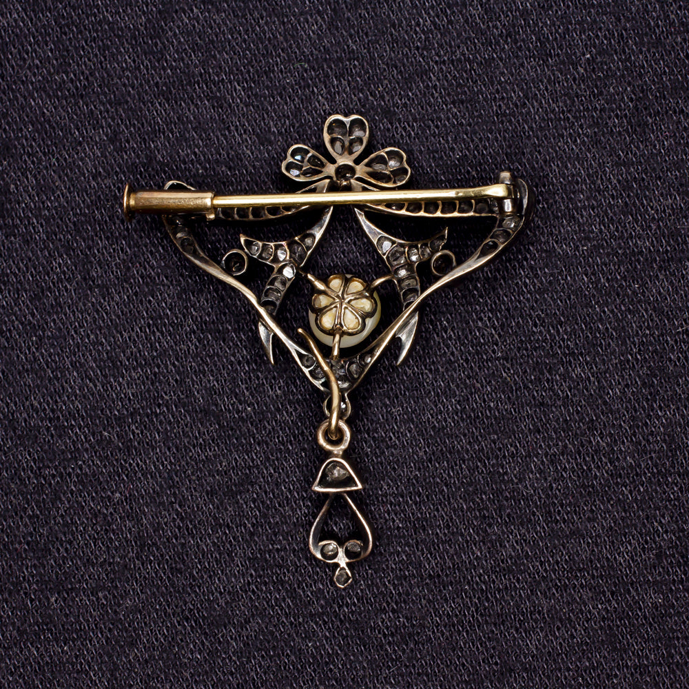 VICTORIAN SALTWATER PEARL DIAMOND PIN PENDANT ANTIQUE NECKLACE OLD CUT 1800s