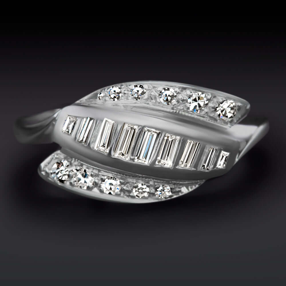 F-G VS DIAMOND VINTAGE COCKTAIL RING ESTATE NATURAL BAGUETTE BYPASS WHITE GOLD