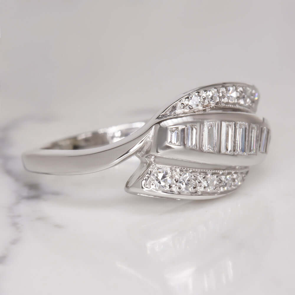 F-G VS DIAMOND VINTAGE COCKTAIL RING ESTATE NATURAL BAGUETTE BYPASS WHITE GOLD