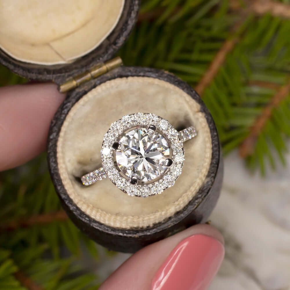 2.80ct F-G EX CUT NATURAL DIAMOND ENGAGEMENT RING 18K WHITE GOLD HALO ROUND 2ct