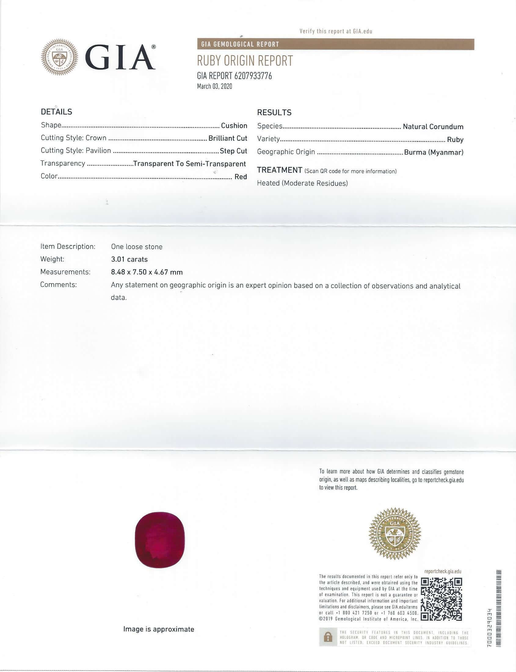 3 CARAT GIA CERTIFIED BURMA RICH RED RUBY CUSHION CUT NATURAL LOOSE 3ct MYANMAR