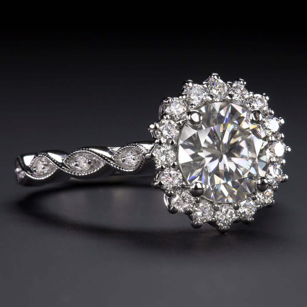 2 CARAT MOISSANITE NATURAL DIAMOND ENGAGEMENT RING WHITE GOLD HALO ROUND CUT 2ct