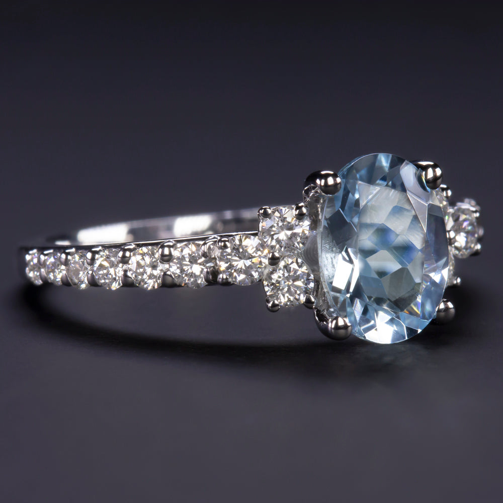 NATURAL AQUAMARINE DIAMOND RING OVAL SHAPE 14k WHITE GOLD BLUE PAVE BAND PROMISE
