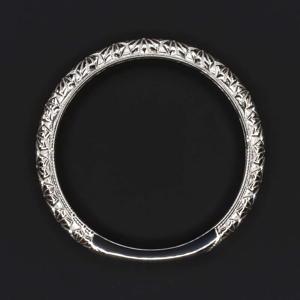 14k WHITE GOLD VINTAGE STYLE WEDDING BAND STACKING RING ENGRAVED FLORAL ART DECO