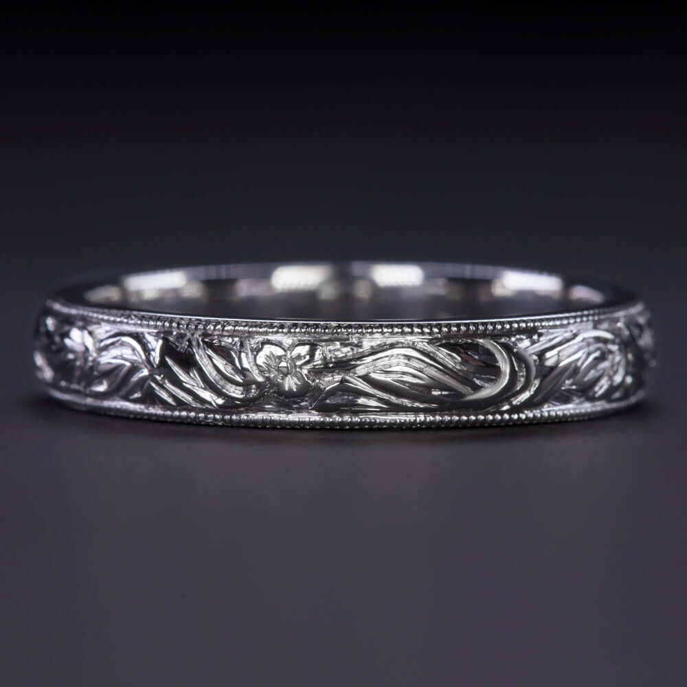 14k WHITE GOLD HAND ENGRAVED VINTAGE STYLE WEDDING BAND RING