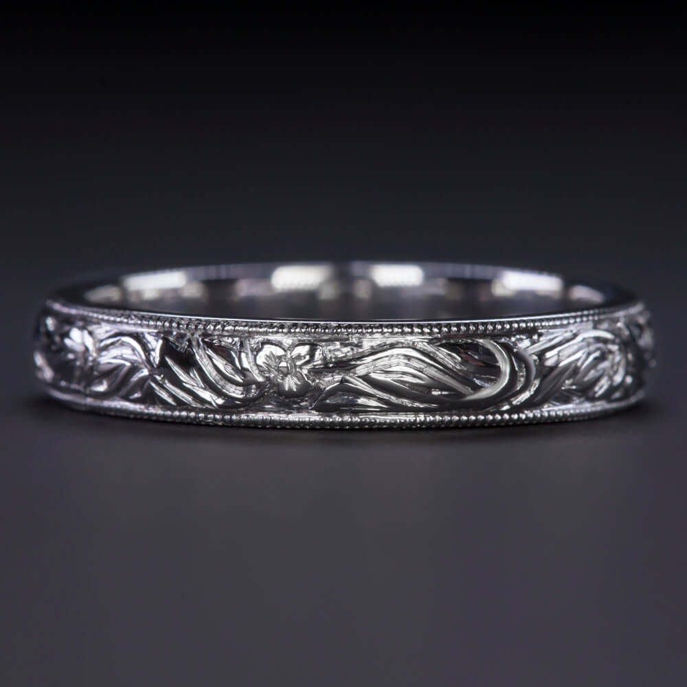 14k WHITE GOLD HAND ENGRAVED VINTAGE STYLE WEDDING BAND RING FLORAL CLASSIC