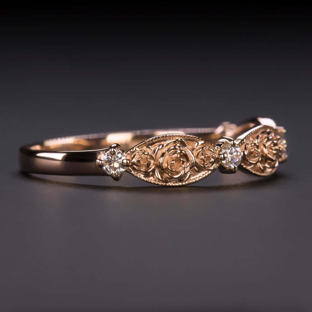 DIAMOND 14 ROSE GOLD FLOWER RING ETERNITY WEDDING BAND FLORAL BOTANICAL STACKING