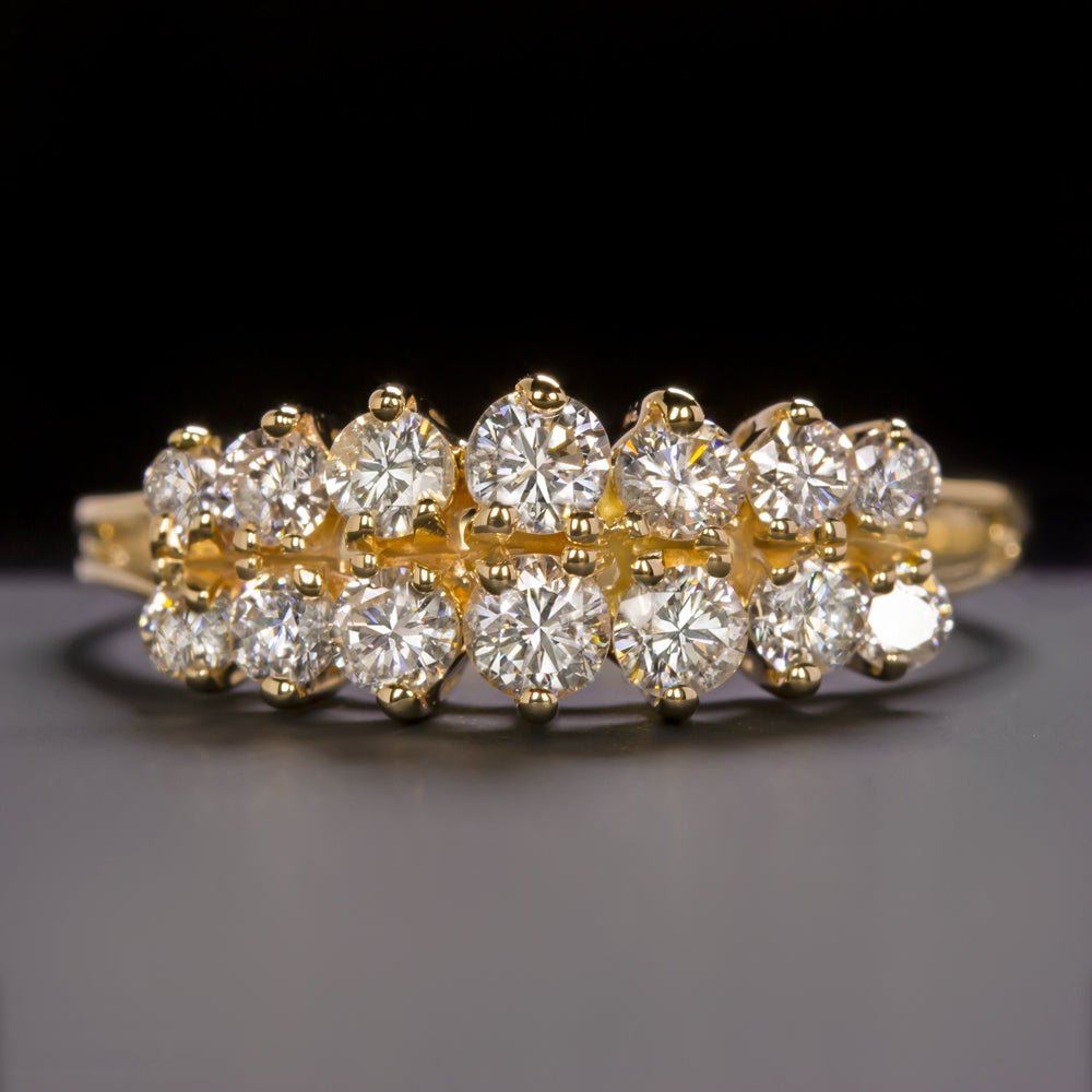 NATURAL 0.90ct DIAMOND COCKTAIL BAND 2 ROW RING ROUND CUT STACKING YELLOW GOLD