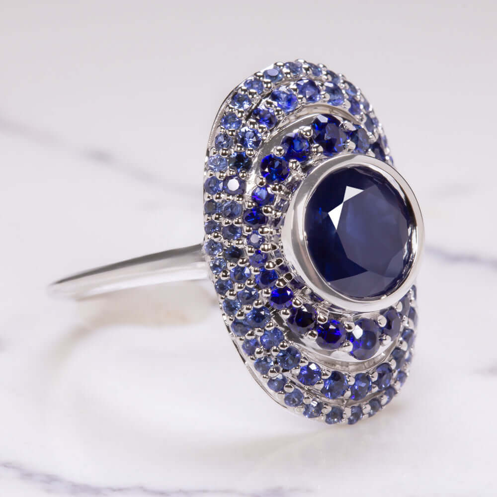 3.25ct SAPPHIRE COCKTAIL RING ROUND GRADIENT WHITE GOLD DOME STATEMENT BIG OMBRE