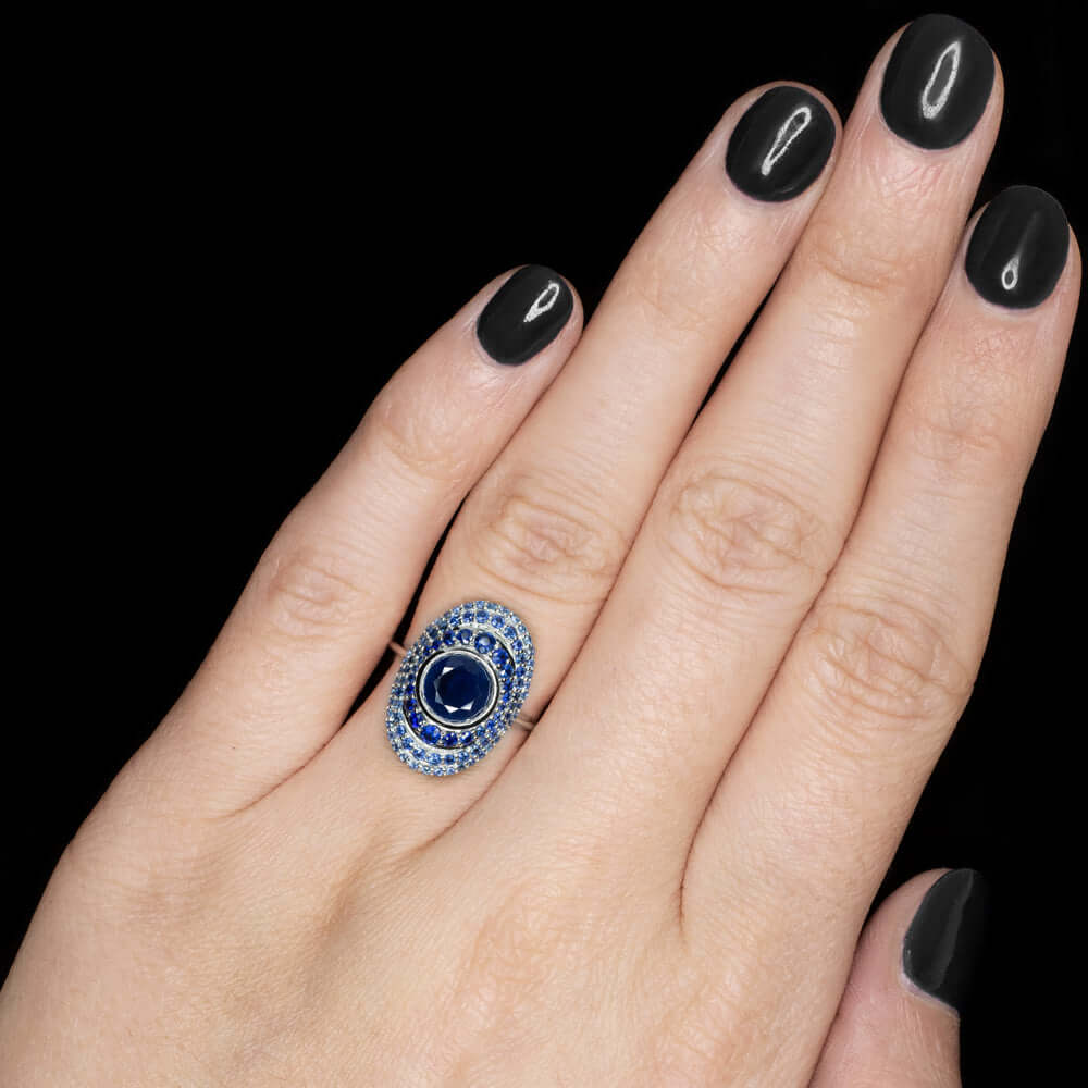 3.25ct SAPPHIRE COCKTAIL RING ROUND GRADIENT WHITE GOLD DOME STATEMENT BIG OMBRE