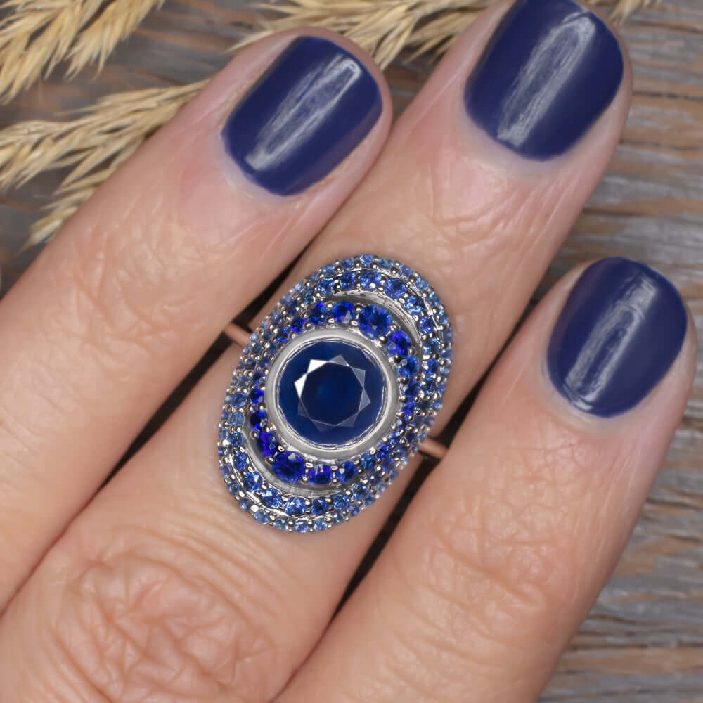 3.25ct SAPPHIRE COCKTAIL RING ROUND GRADIENT WHITE GOLD DOME STATEMENT BIG OMBRE