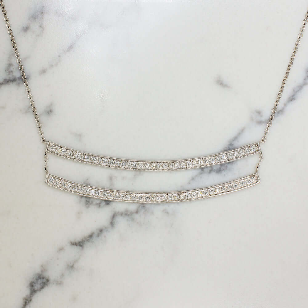 EX CUT NATURAL DIAMOND CURVED DOUBLE BAR PENDANT NECKLACE WHITE GOLD MINIMALIST