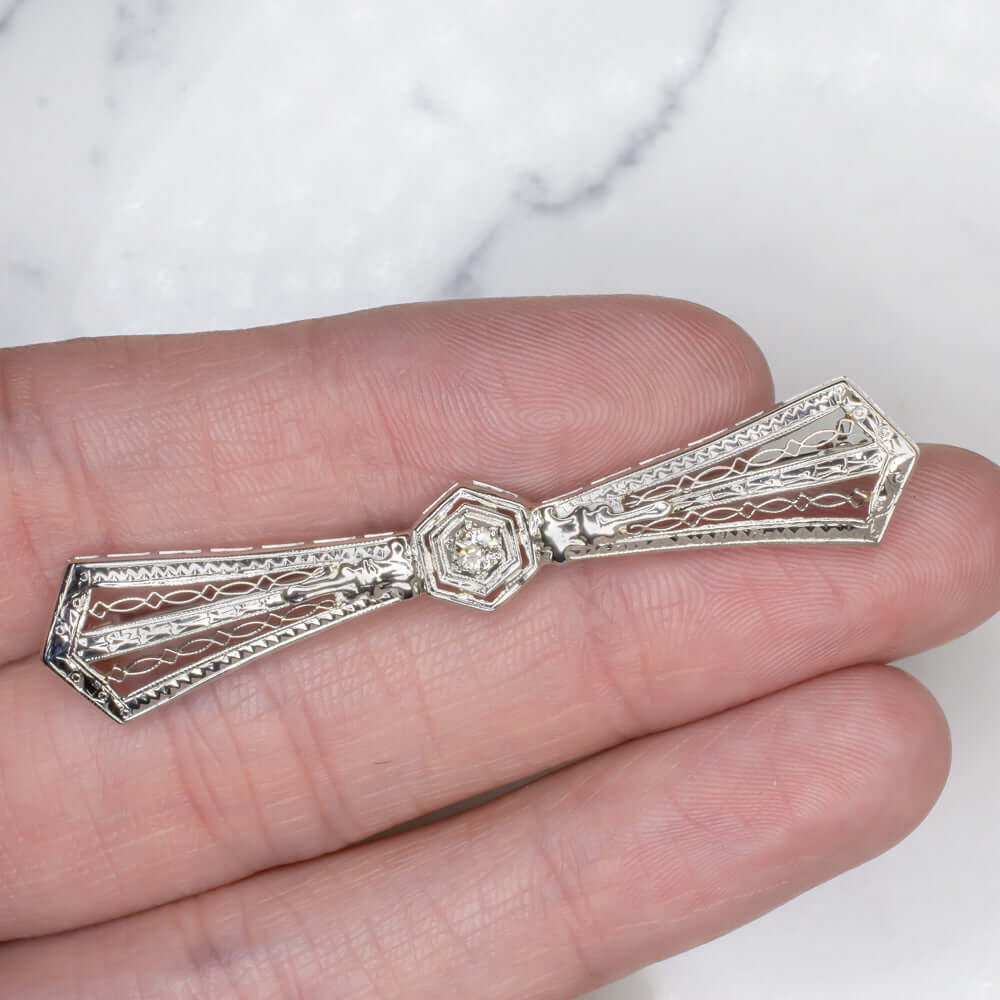 ART DECO DIAMOND 18K WHITE GOLD BOW TIE STICK PIN PENDANT VINTAGE 1920s BROOCH Ivy & Rose