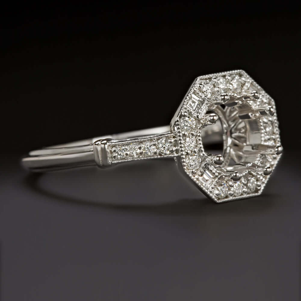 DIAMOND HALO RING SETTING ART DECO STYLE SEMI MOUNT VINTAGE ROUND 14k WHITE GOLD
