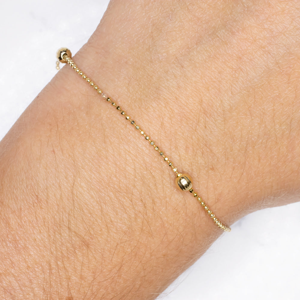 SOLID 18K YELLOW GOLD BRACELET BALL CHAIN STATION BEAD ANKLET DAINTY MINIMALIST