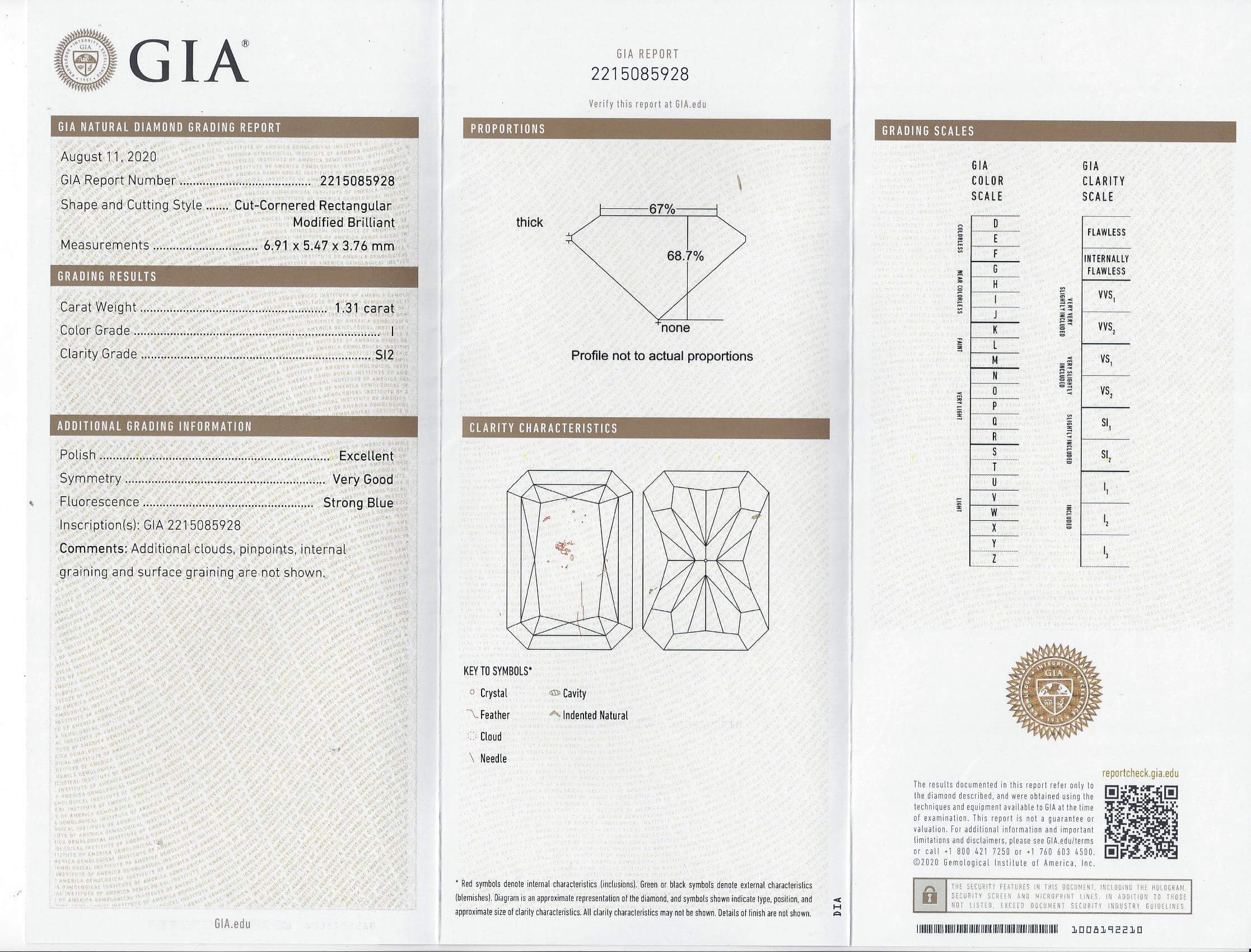 1.31c GIA CERTIFIED I SI2 RADIANT CUT DIAMOND LOOSE ENGAGEMENT ELONGATED NATURAL