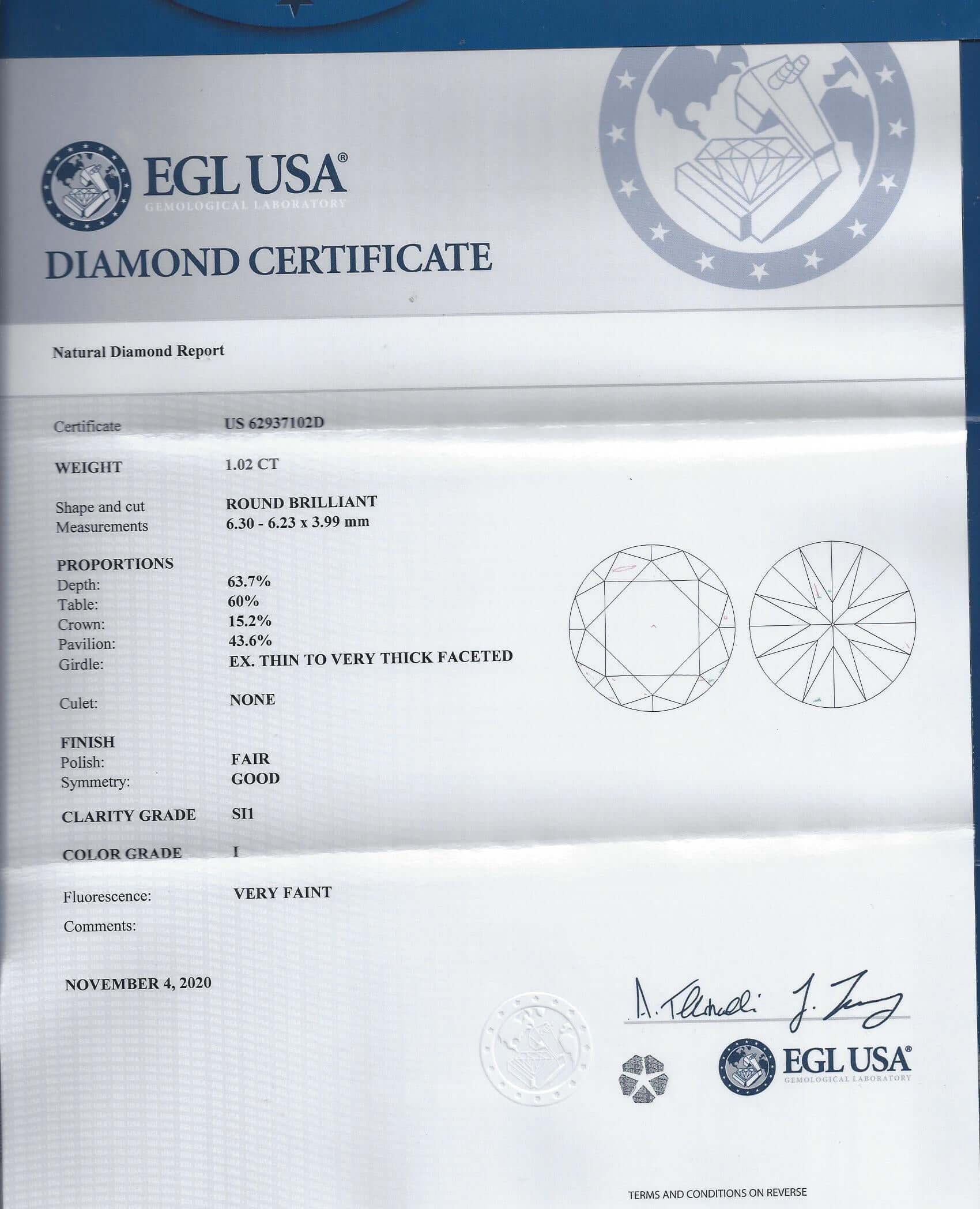 1 CARAT CERTIFIED I SI1 DIAMOND ROUND BRILLIANT CUT NATURAL LOOSE ENGAGEMENT 1ct