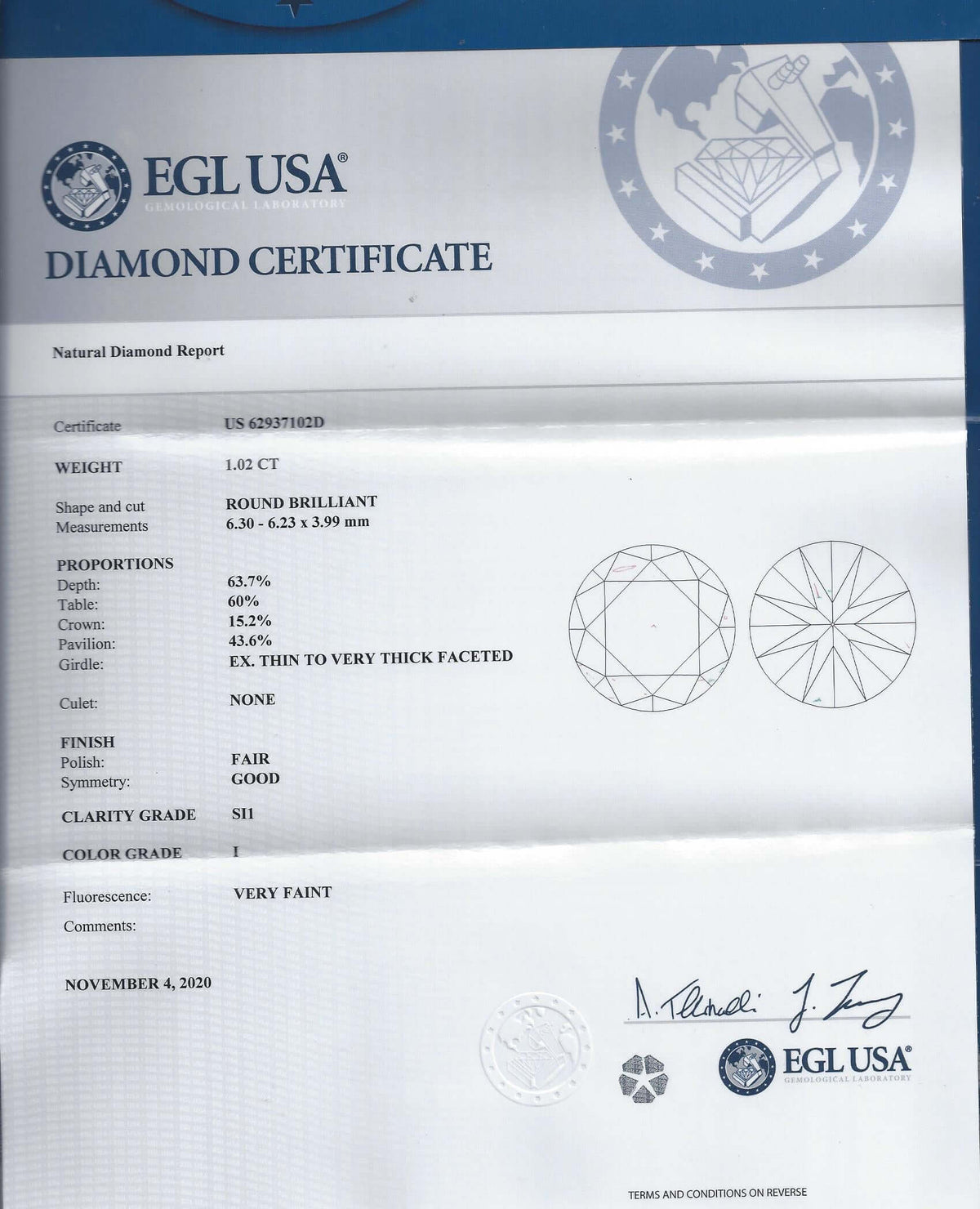 1 CARAT CERTIFIED I SI1 DIAMOND ROUND BRILLIANT CUT NATURAL LOOSE ENGAGEMENT 1ct