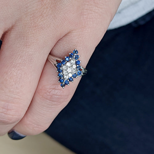 SAPPHIRE DIAMOND CLUSTER COCKTAIL RING 14K WHITE GOLD NATURAL ESTATE RIGHT HAND